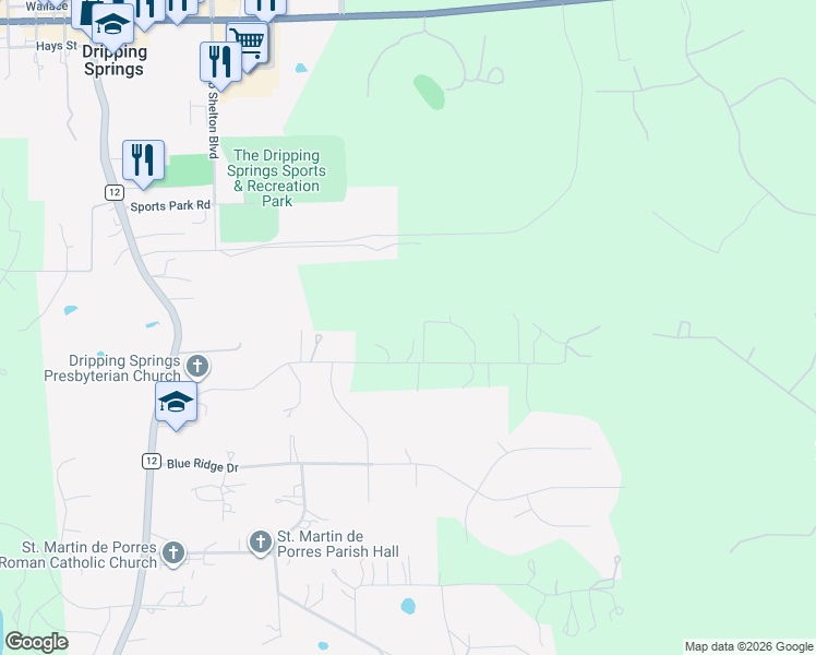 map of restaurants, bars, coffee shops, grocery stores, and more near 555 Butler Ranch Road in Dripping Springs