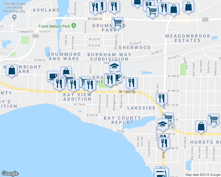 map of restaurants, bars, coffee shops, grocery stores, and more near 3706 U.S. 98 in Panama City