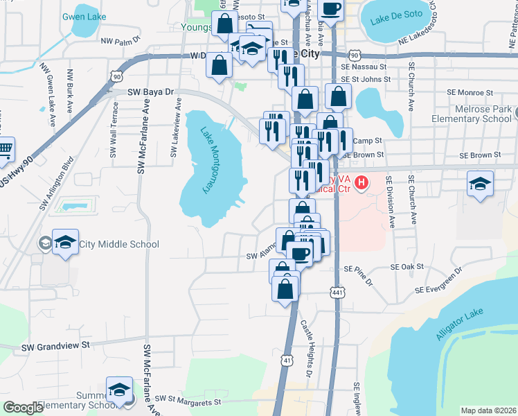 map of restaurants, bars, coffee shops, grocery stores, and more near 385 Southwest Montgomery Drive in Lake City