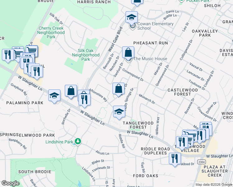 map of restaurants, bars, coffee shops, grocery stores, and more near 9706 Sugar Hill Drive in Austin