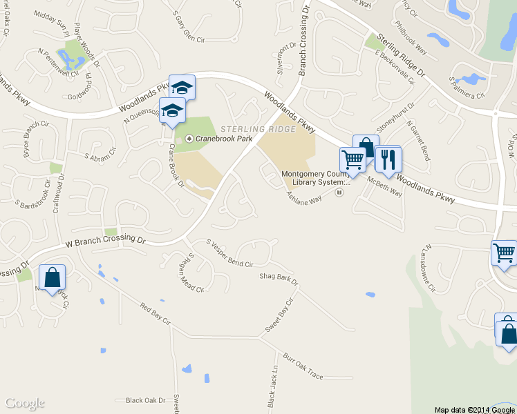 map of restaurants, bars, coffee shops, grocery stores, and more near 31 East Shale Creek Circle in Spring
