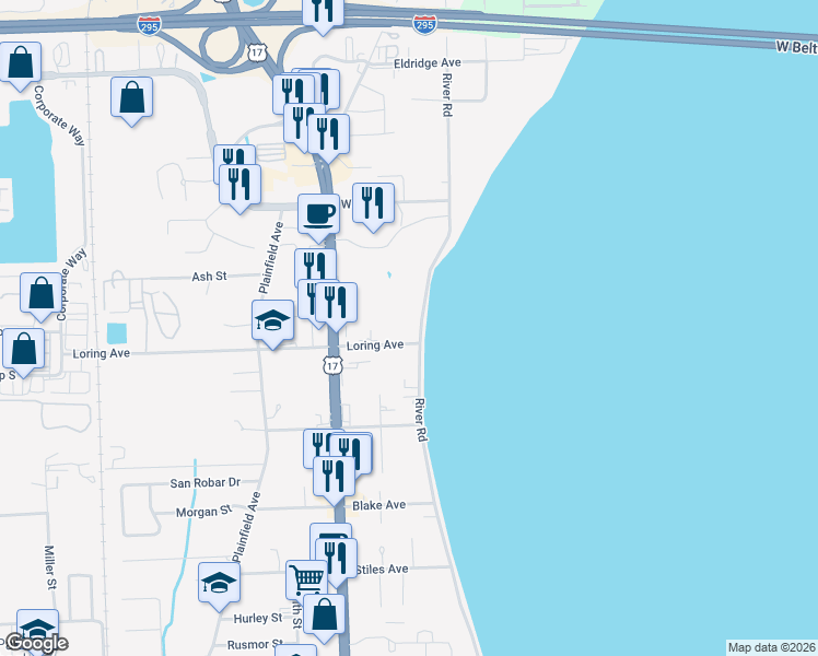 map of restaurants, bars, coffee shops, grocery stores, and more near 718 River Road in Orange Park