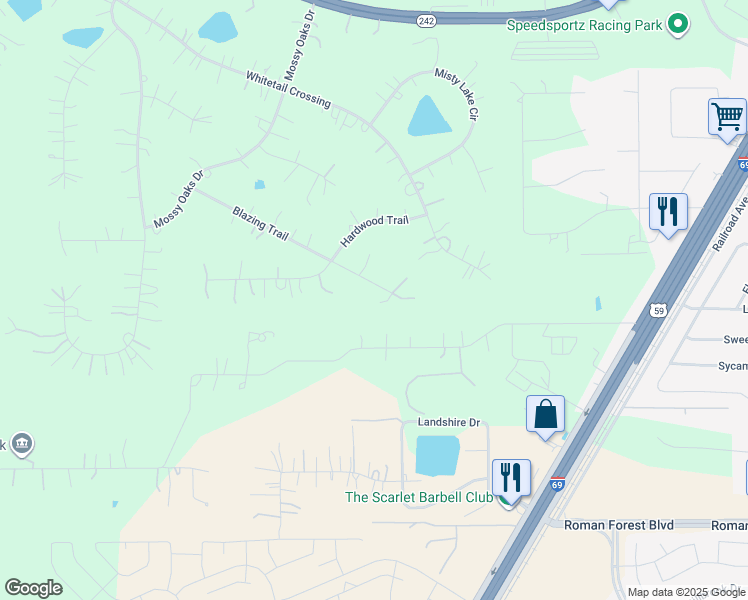 map of restaurants, bars, coffee shops, grocery stores, and more near 21992 Blazing Trail in New Caney
