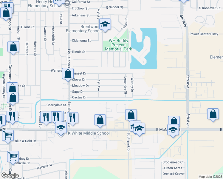 map of restaurants, bars, coffee shops, grocery stores, and more near 1508 Meadow Drive in Lake Charles