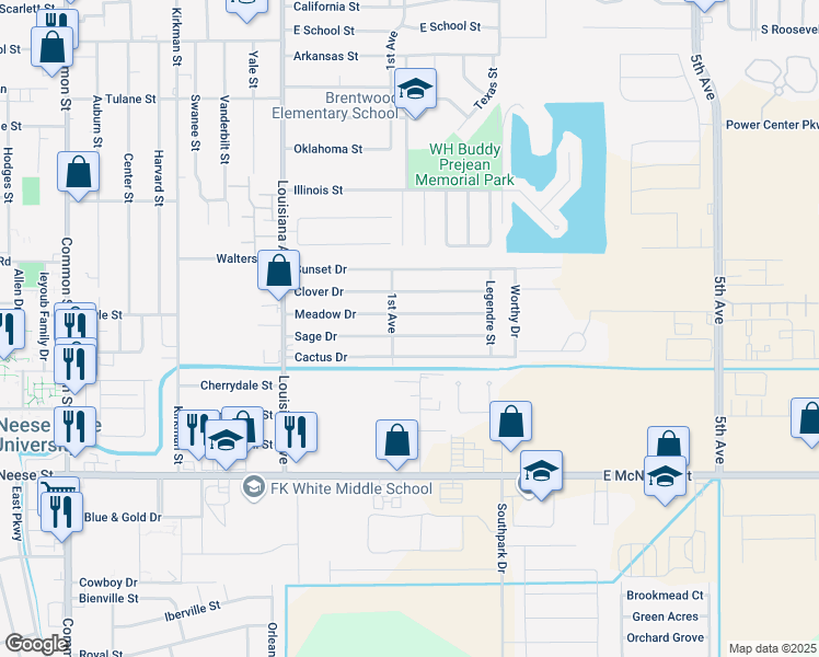 map of restaurants, bars, coffee shops, grocery stores, and more near 1400 Meadow Drive in Lake Charles