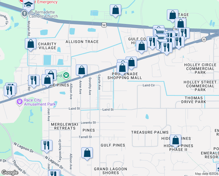 map of restaurants, bars, coffee shops, grocery stores, and more near 2212 Laurie Avenue in Panama City Beach