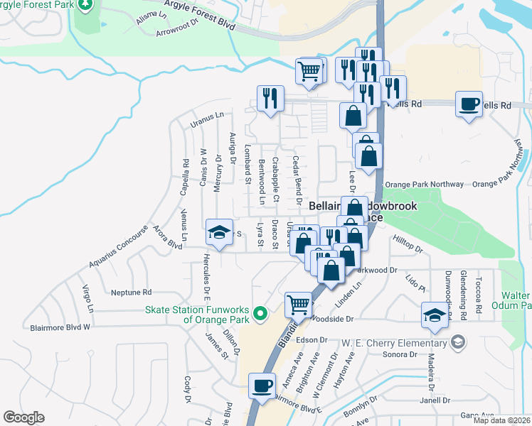 map of restaurants, bars, coffee shops, grocery stores, and more near 480 Bentwood Lane in Orange Park