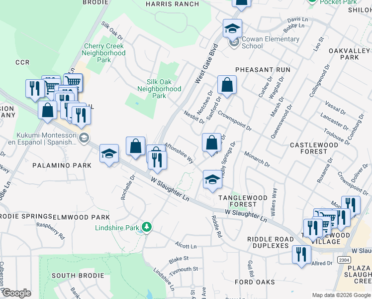 map of restaurants, bars, coffee shops, grocery stores, and more near 2915 Aftonshire Way in Austin