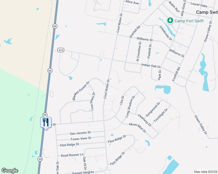 map of restaurants, bars, coffee shops, grocery stores, and more near 263 Cool Water Drive in Bastrop
