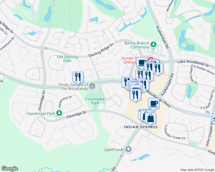 map of restaurants, bars, coffee shops, grocery stores, and more near 26 Brywood Place in Spring