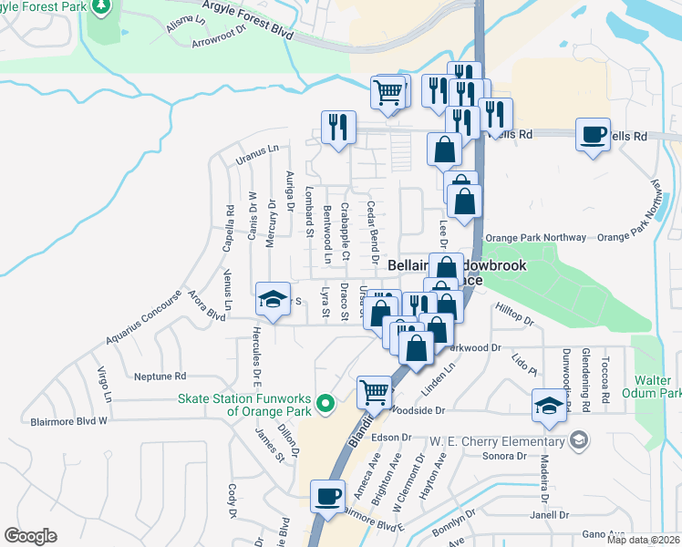 map of restaurants, bars, coffee shops, grocery stores, and more near 482 Bentwood Lane in Orange Park