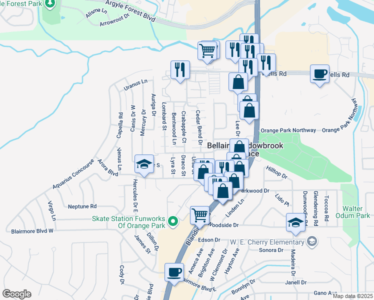 map of restaurants, bars, coffee shops, grocery stores, and more near 475 Crabapple Court in Orange Park