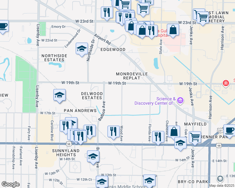map of restaurants, bars, coffee shops, grocery stores, and more near 901 19th Street in Panama City