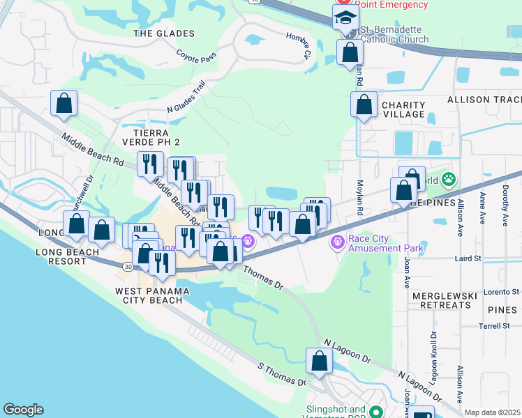 map of restaurants, bars, coffee shops, grocery stores, and more near 9809 Clarence St in Panama City Beach