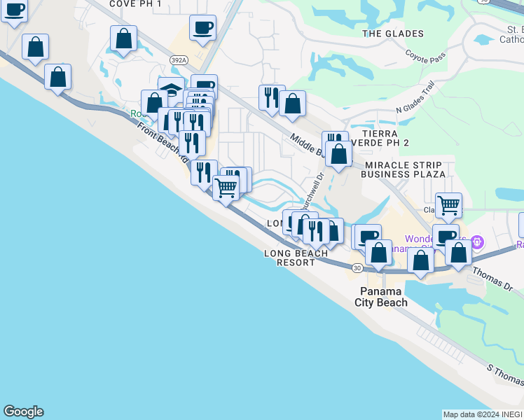map of restaurants, bars, coffee shops, grocery stores, and more near 10826 Front Beach Road in Panama City Beach