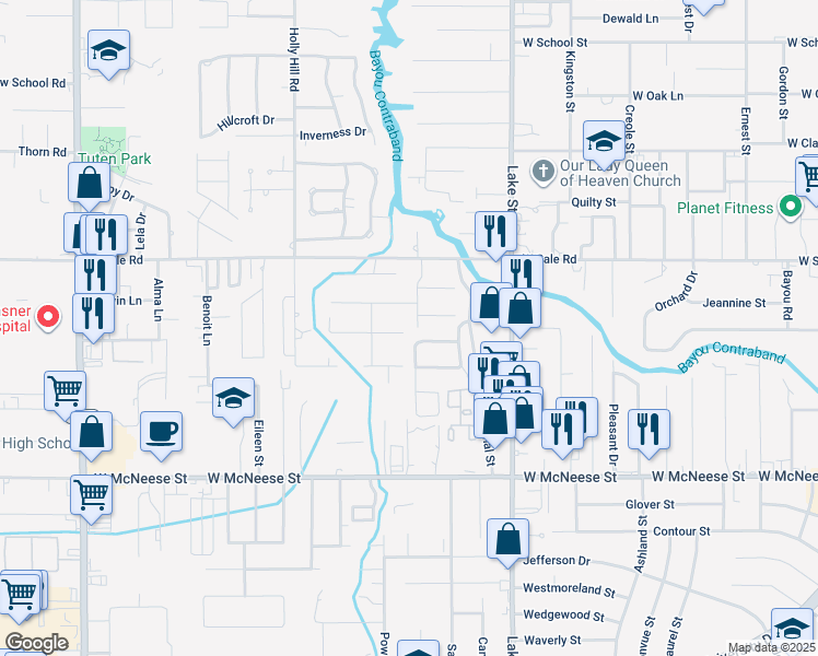 map of restaurants, bars, coffee shops, grocery stores, and more near 1016 Paris St in Lake Charles