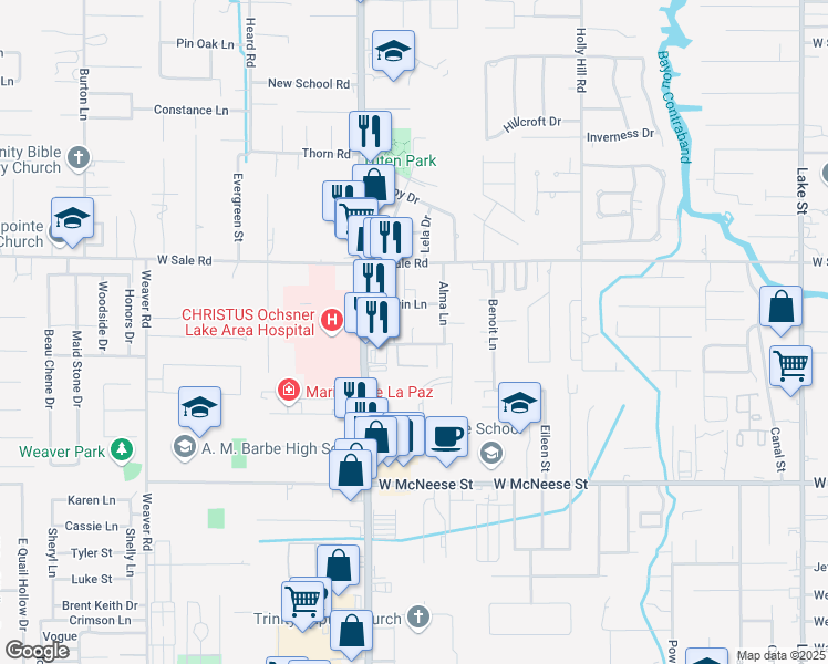 map of restaurants, bars, coffee shops, grocery stores, and more near 1642 Mignonette Lane in Lake Charles
