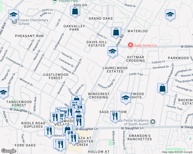 map of restaurants, bars, coffee shops, grocery stores, and more near 9105 Japonica Court in Austin