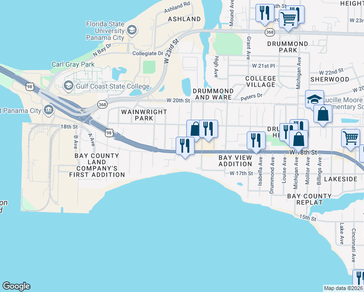 map of restaurants, bars, coffee shops, grocery stores, and more near 4470 U.S. 98 in Panama City