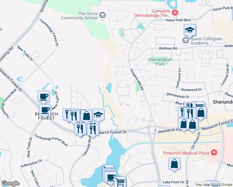 map of restaurants, bars, coffee shops, grocery stores, and more near 22 South Parkgate Circle in Spring