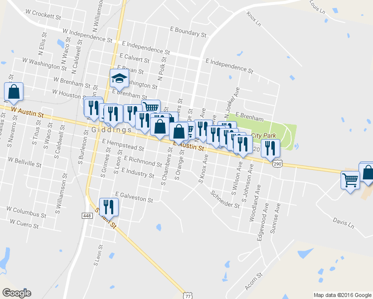 map of restaurants, bars, coffee shops, grocery stores, and more near 810 E Austin St in Giddings