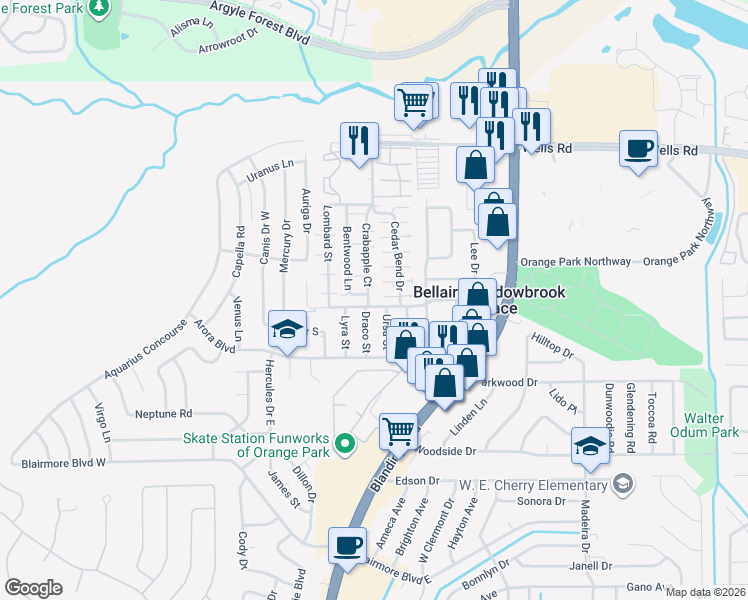 map of restaurants, bars, coffee shops, grocery stores, and more near 475 Crabapple Court in Orange Park