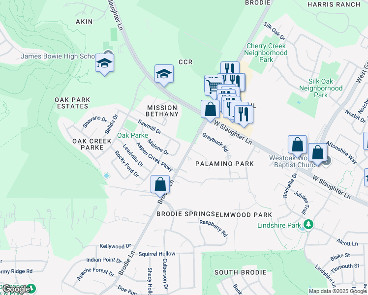 map of restaurants, bars, coffee shops, grocery stores, and more near 3500 Malone Drive in Austin