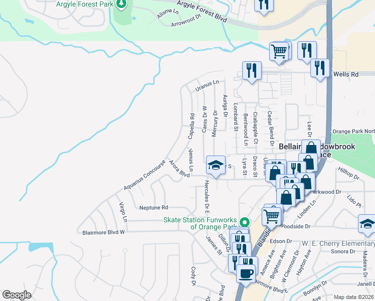 map of restaurants, bars, coffee shops, grocery stores, and more near 205 Venus Lane in Orange Park
