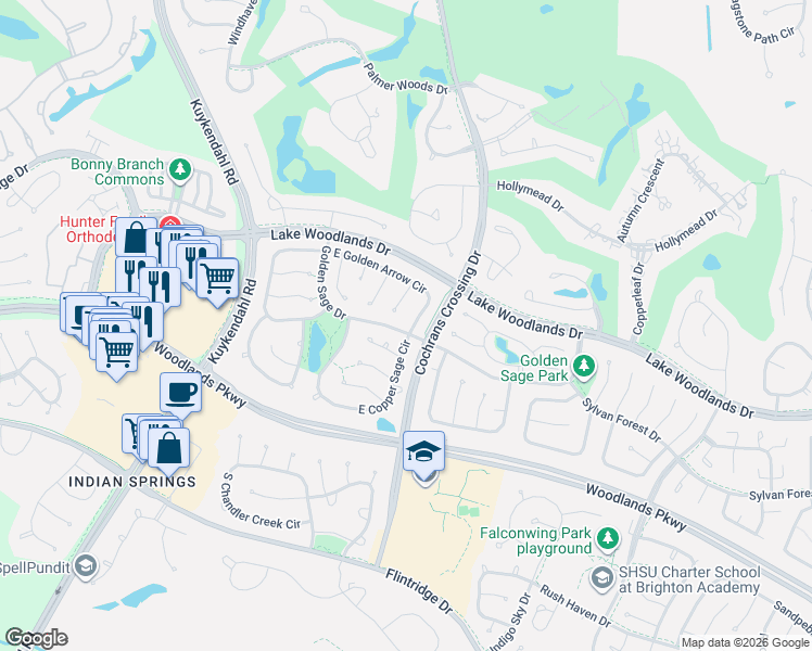 map of restaurants, bars, coffee shops, grocery stores, and more near 324 East Golden Arrow Circle in Spring