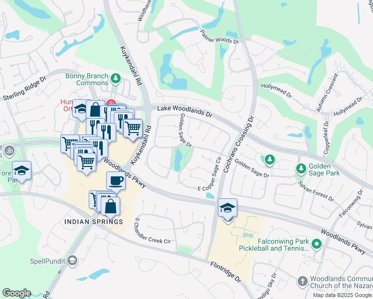 map of restaurants, bars, coffee shops, grocery stores, and more near 75 South Golden Arrow Circle in The Woodlands
