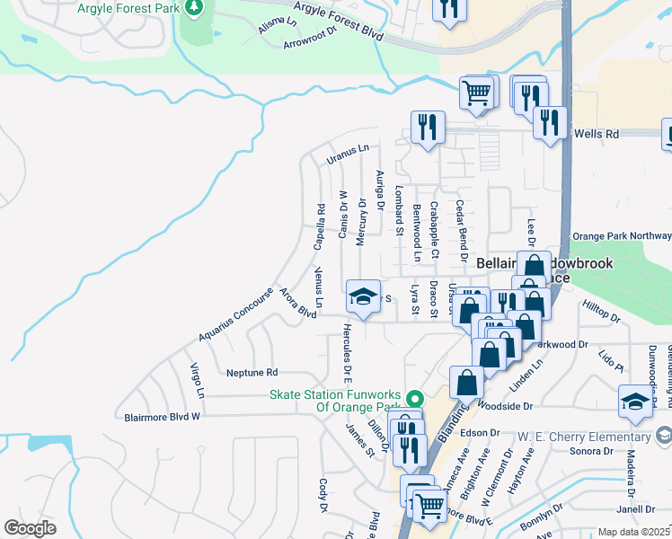 map of restaurants, bars, coffee shops, grocery stores, and more near 234 Canis Drive South in Orange Park