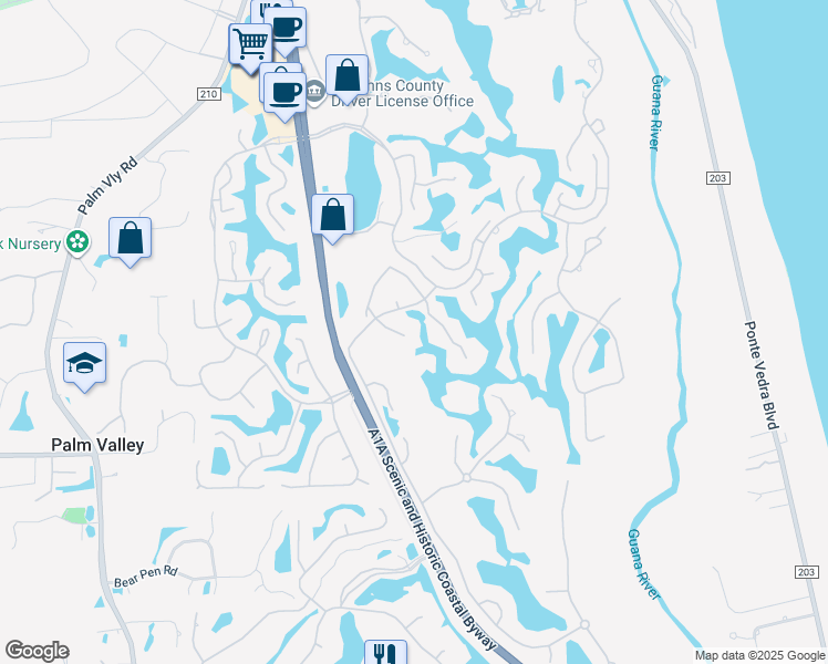 map of restaurants, bars, coffee shops, grocery stores, and more near 11 Spy Glass Lane in Ponte Vedra Beach