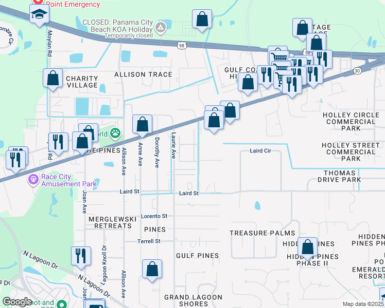 map of restaurants, bars, coffee shops, grocery stores, and more near 2106 Avensong Lane in Panama City Beach