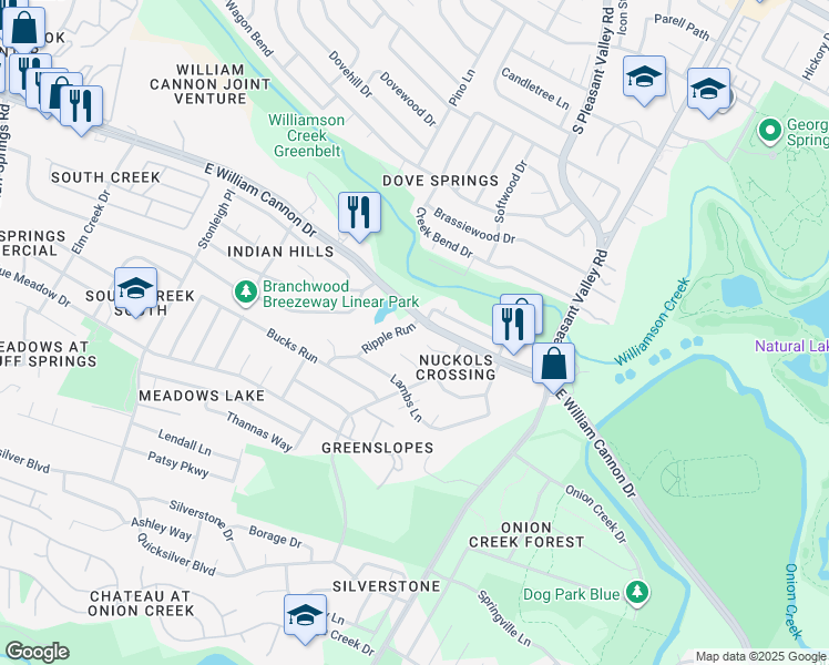 map of restaurants, bars, coffee shops, grocery stores, and more near 6603 Ripple Run in Austin