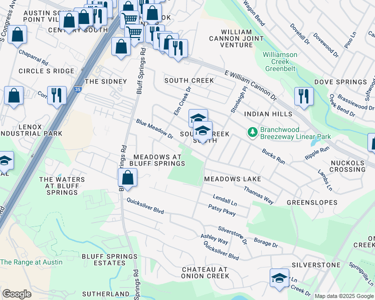 map of restaurants, bars, coffee shops, grocery stores, and more near 2205 Blue Meadow Drive in Austin