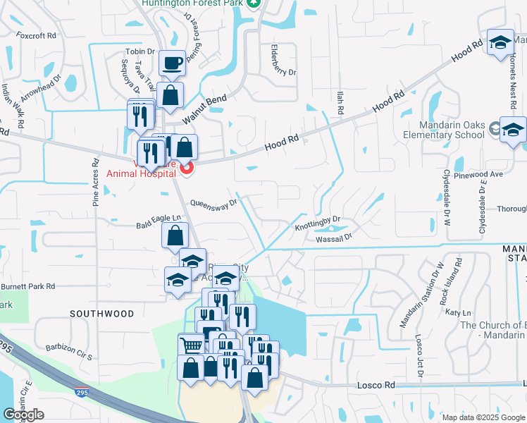 map of restaurants, bars, coffee shops, grocery stores, and more near 4459 Tyne Court in Jacksonville