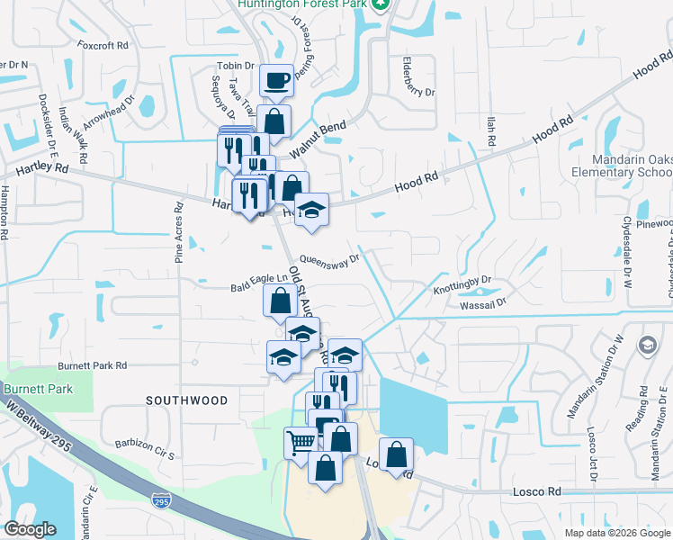 map of restaurants, bars, coffee shops, grocery stores, and more near 4333 Queensway Drive in Jacksonville