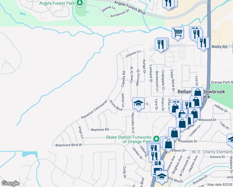 map of restaurants, bars, coffee shops, grocery stores, and more near 205 Venus Lane in Orange Park