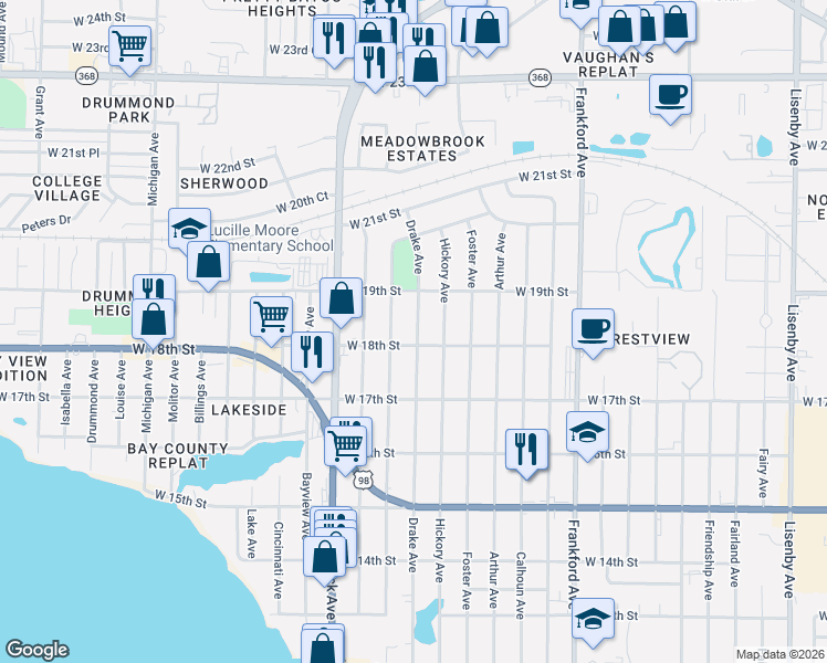 map of restaurants, bars, coffee shops, grocery stores, and more near 1804 Drake Avenue in Panama City