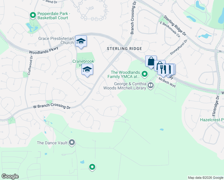 map of restaurants, bars, coffee shops, grocery stores, and more near 31 East Shale Creek Circle in Spring