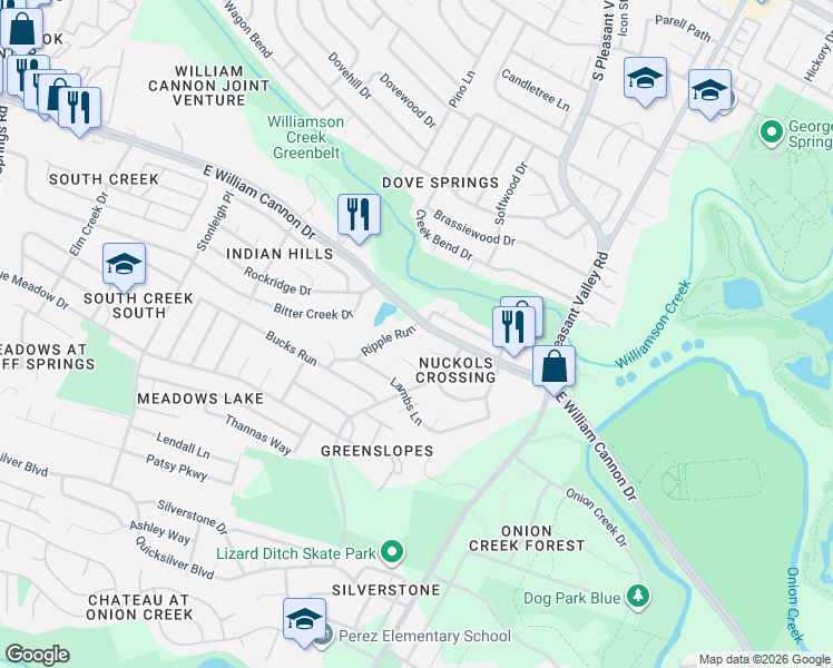 map of restaurants, bars, coffee shops, grocery stores, and more near 6601 Ripple Run in Austin