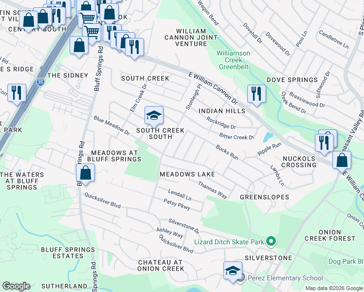 map of restaurants, bars, coffee shops, grocery stores, and more near 6904 Trendal Lane in Austin