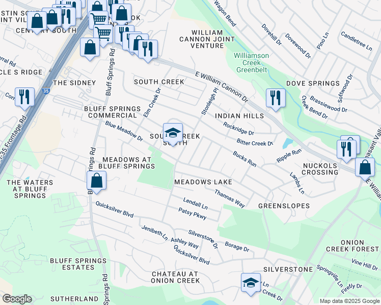 map of restaurants, bars, coffee shops, grocery stores, and more near 6904 Trendal Lane in Austin