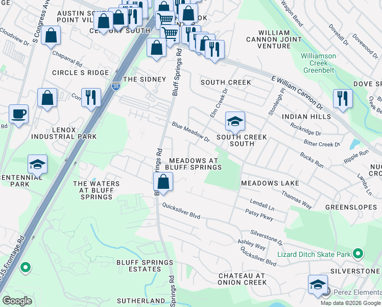 map of restaurants, bars, coffee shops, grocery stores, and more near 7009 Encanto Trail in Austin
