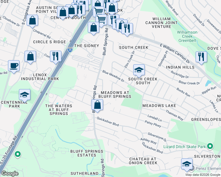 map of restaurants, bars, coffee shops, grocery stores, and more near 7009 Encanto Trail in Austin