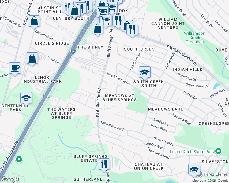 map of restaurants, bars, coffee shops, grocery stores, and more near 7009 Encanto Trail in Austin