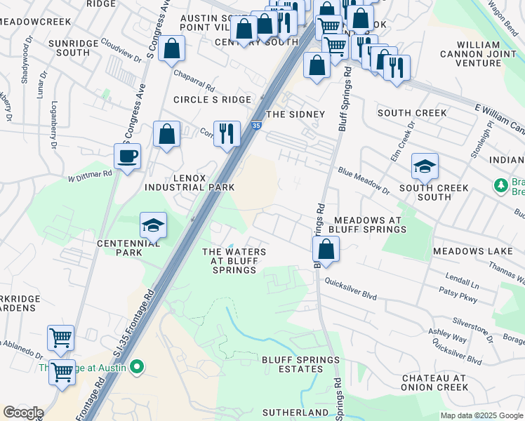 map of restaurants, bars, coffee shops, grocery stores, and more near 7222 Bluff Springs Road in Austin