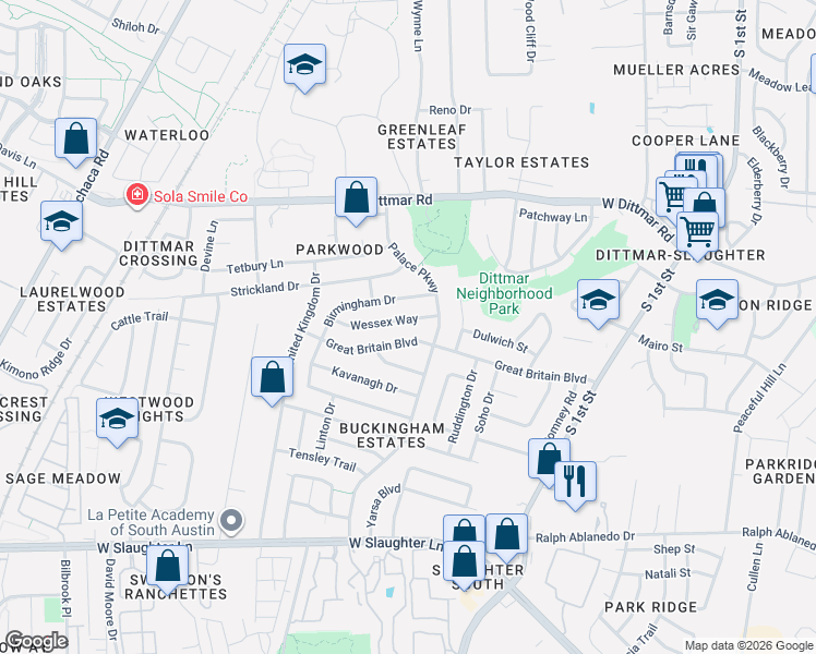 map of restaurants, bars, coffee shops, grocery stores, and more near 905 Wessex Way in Austin