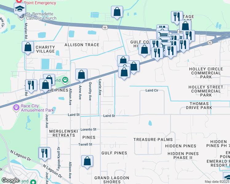 map of restaurants, bars, coffee shops, grocery stores, and more near 2212 Laurie Avenue in Panama City Beach