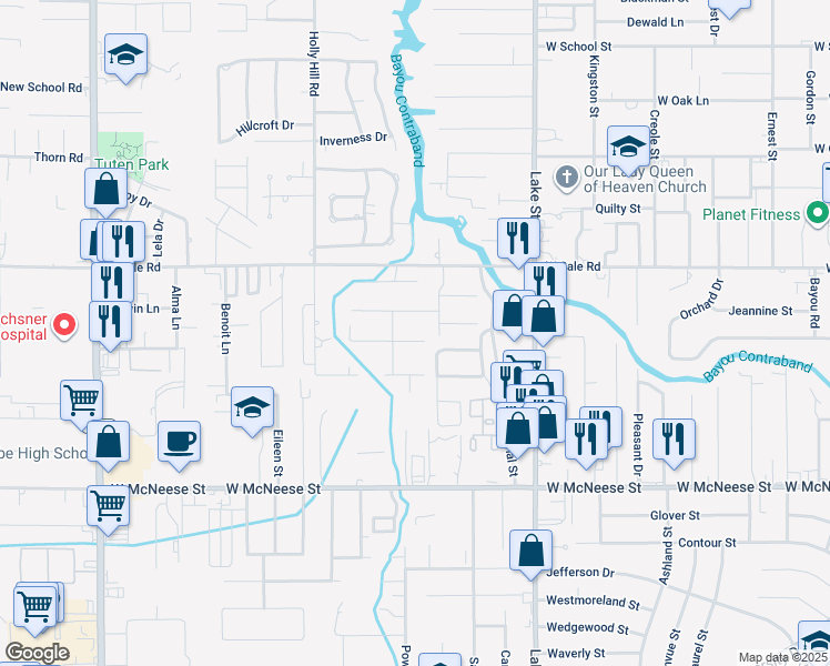 map of restaurants, bars, coffee shops, grocery stores, and more near 1016 Paris St in Lake Charles